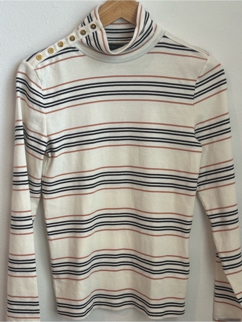 J.Crew Breton Stripe Turtleneck Top Gold Button Shoulder Ivory Navy Size M